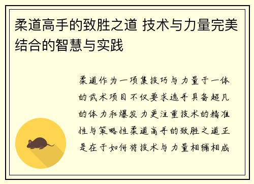 柔道高手的致胜之道 技术与力量完美结合的智慧与实践